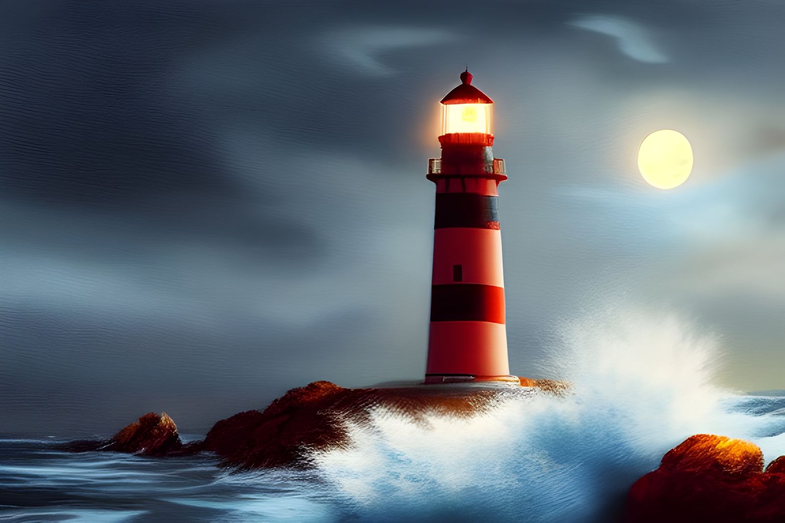 Lighthouse at Night with Epic Lights, Digital Painting