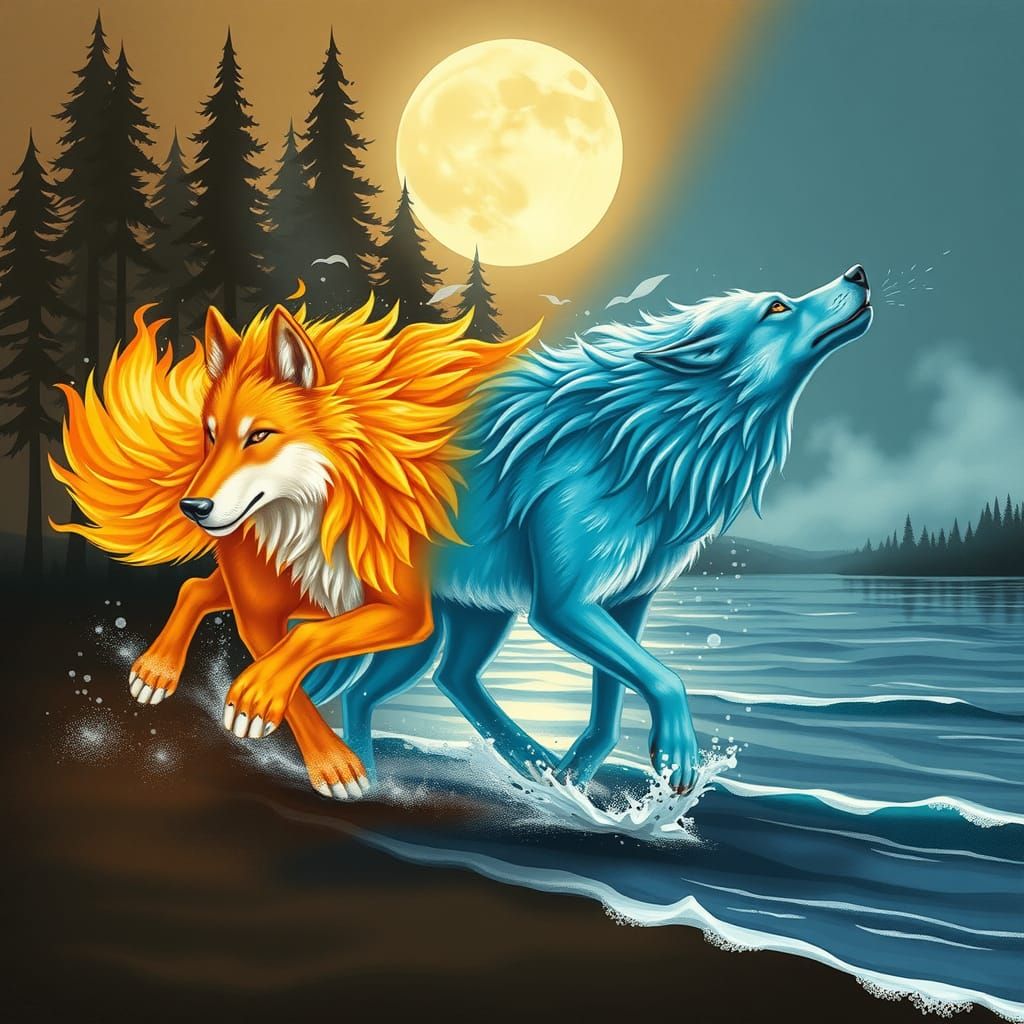 Elemental Wolves in Harmonious Balance: Fire and Water
