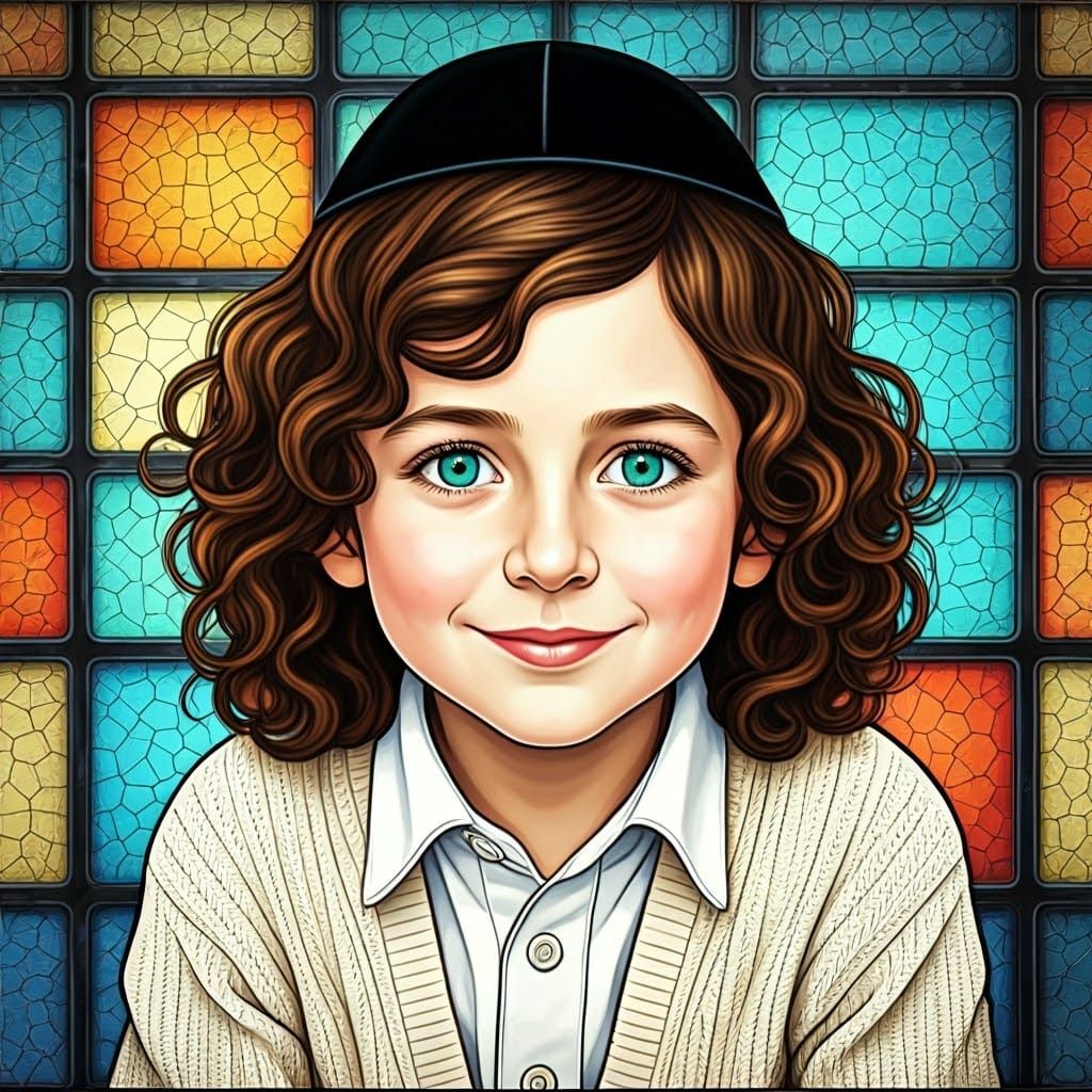 Hasidic Haredi Boy in Vibrant Stained Glass Style