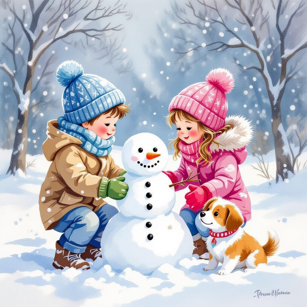 Children Build Snowman With Dog in Winter Watercolor