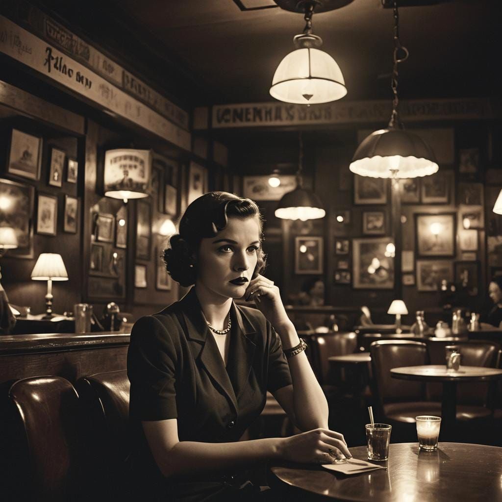 1930s Film Noir Café Scene with Waiting Woman