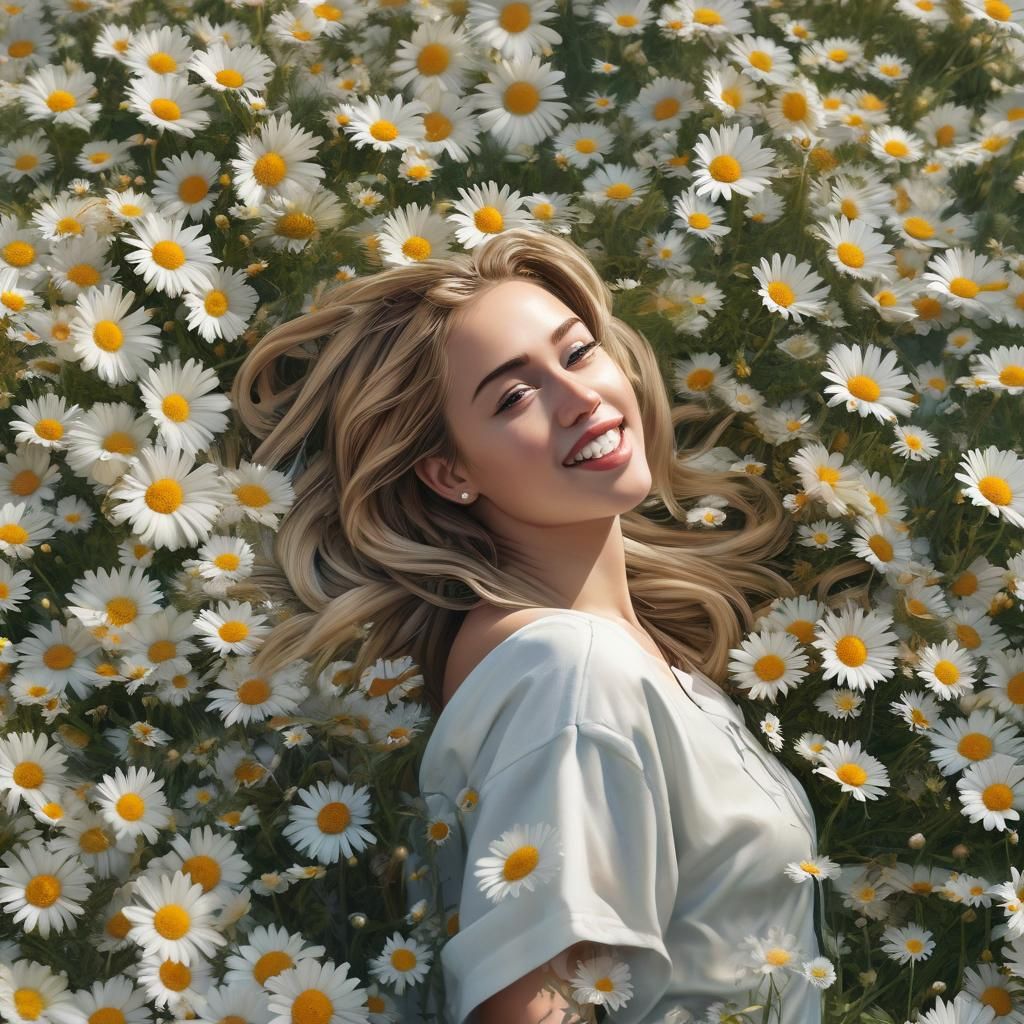 Miley Cyrus in Daisy Field: Hyperdetailed Portrait