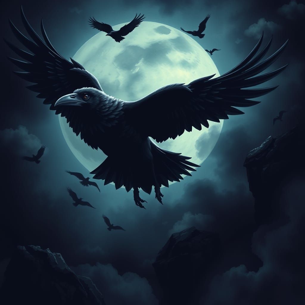 Crow of Darkness Flying in Night Sky