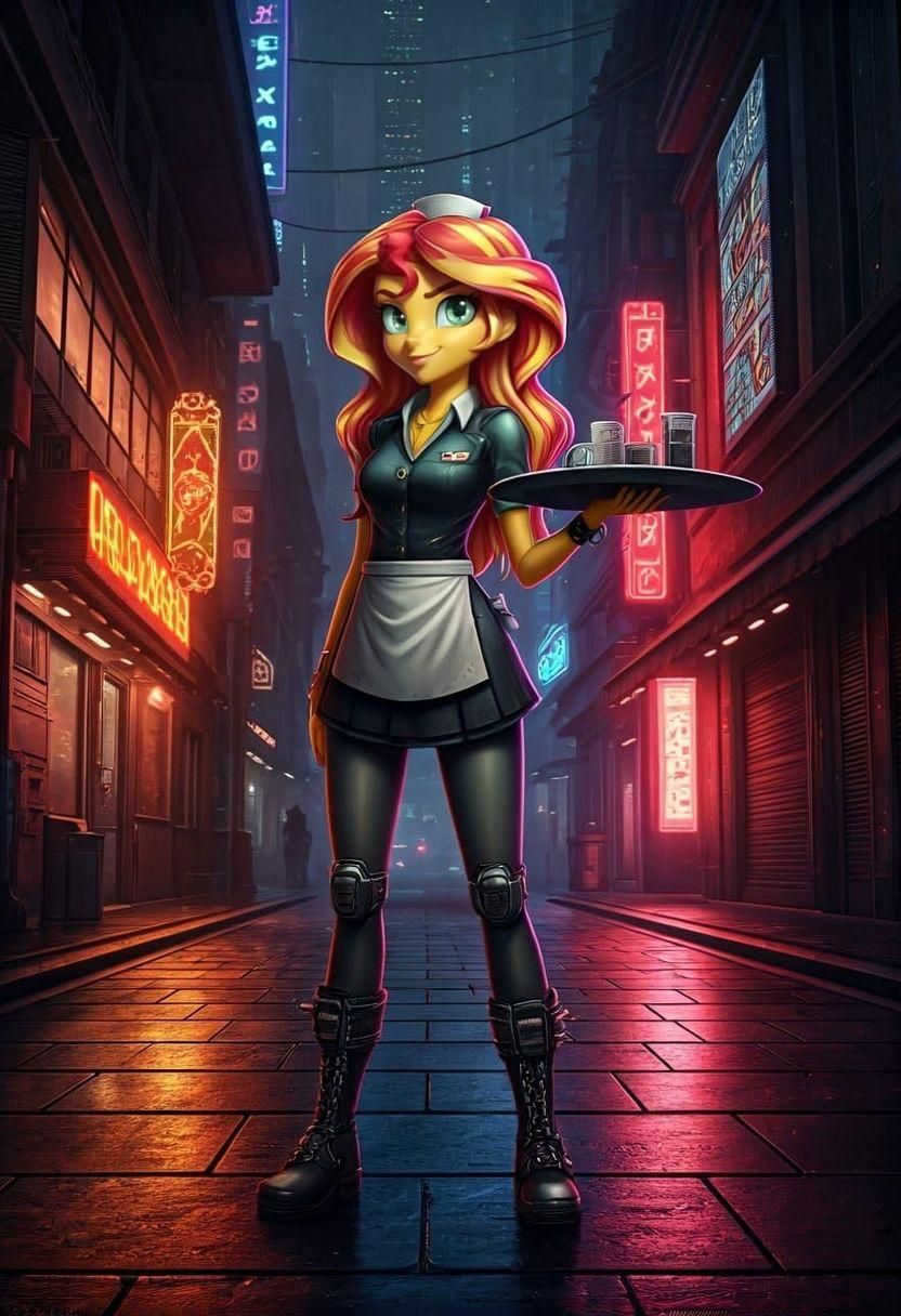 Sunset Shimmer as Cyberpunk Waitress: 8K Portrait