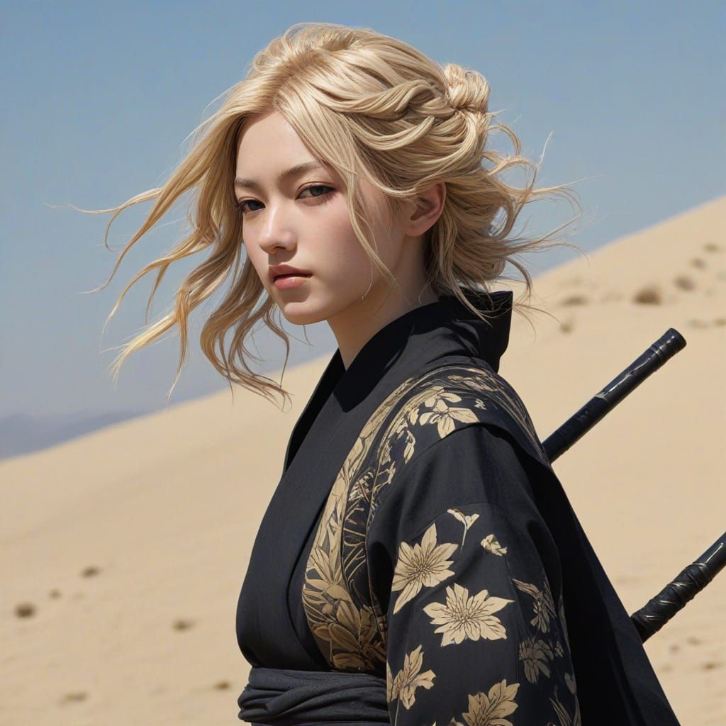 Cyberpunk Ninja Robot Goddess in Desert Camouflage