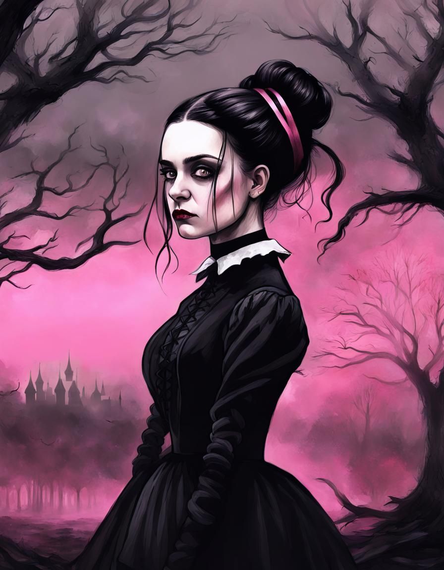 Wednesday Addams in Gothic Landscape, Digital Art