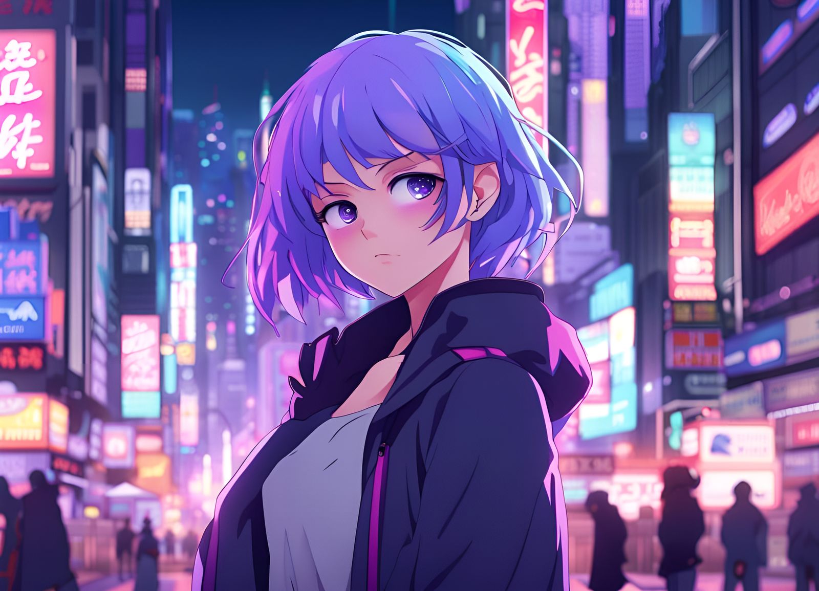Anime Girl in Neon City Landscape