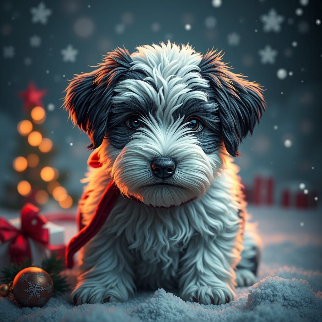 Fantastical Christmas Puppy in Intricate Matte Painting Styl...