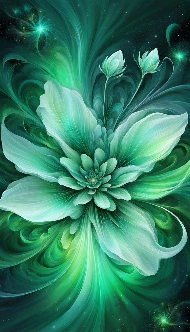 Magical Floral Fantasy Art in Green and Grey