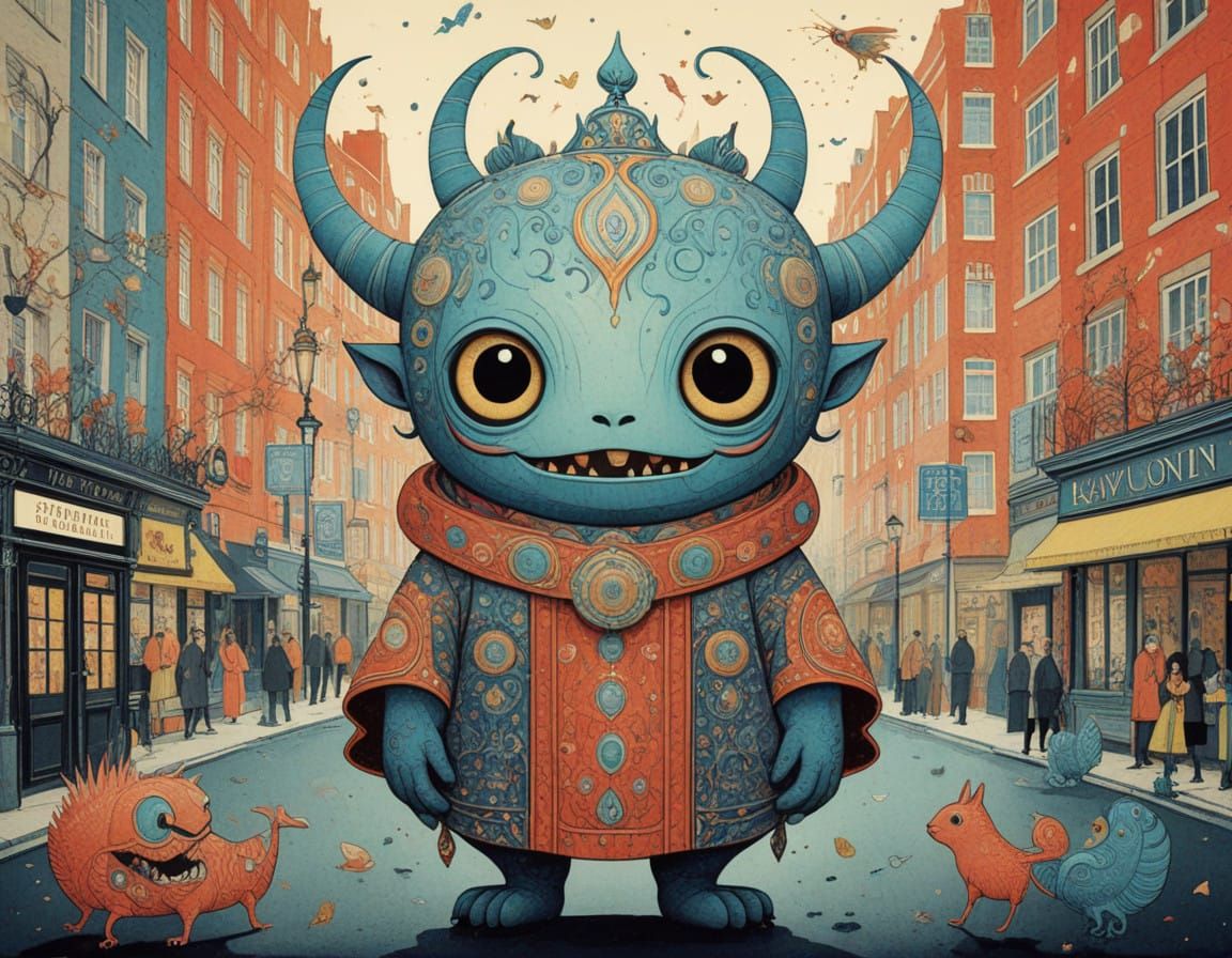 Whimsical Monster Amidst London's Bustle in Vibrant Linoprin...