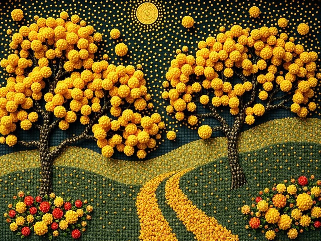 Golden Pom-Pom Landscape in Art Nouveau Style