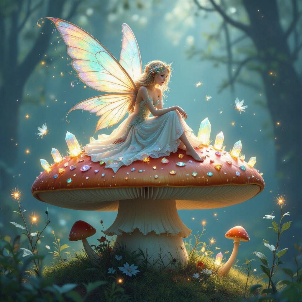 Whimsical Fairy on Crystalline Mushroom, Bioluminescent Art