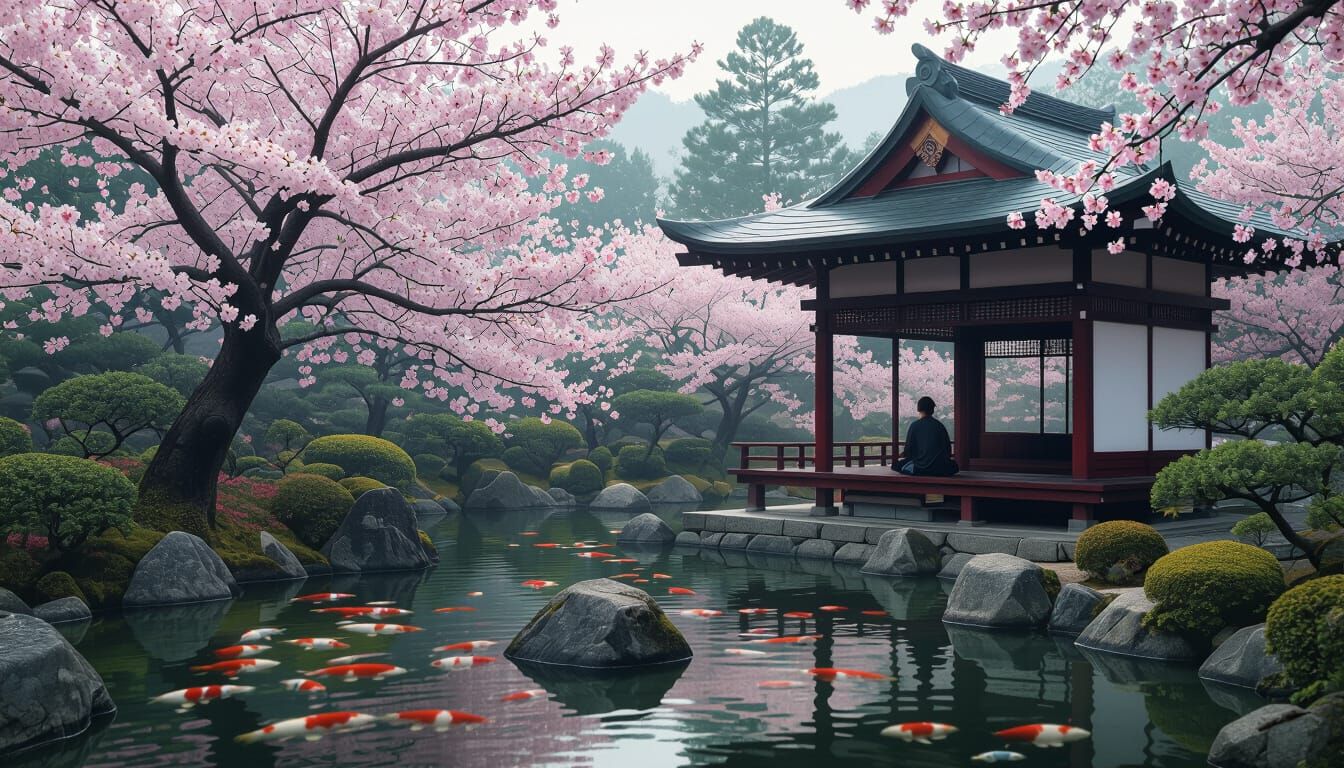 Tranquil Japanese Garden in Ukiyo-e Style