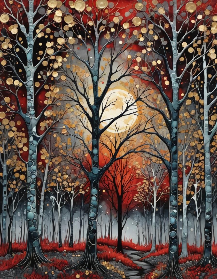 Moonlit Arabesque Forest in Impasto Alcohol Ink Style