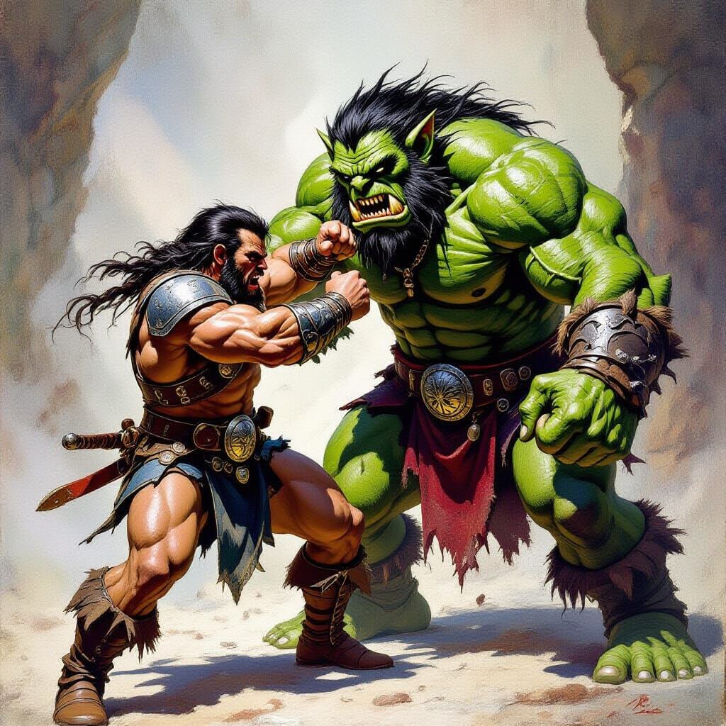 Warrior Grappling Troll in Fantasy Battle Scene