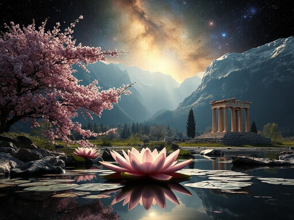 Surreal Lotus Blooms in Cosmic Ruins with Sakura Mountains