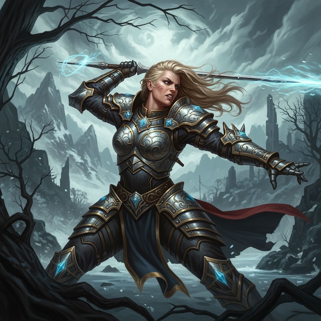 Female Paladin Throws Javelin in Fantasy Landscape
