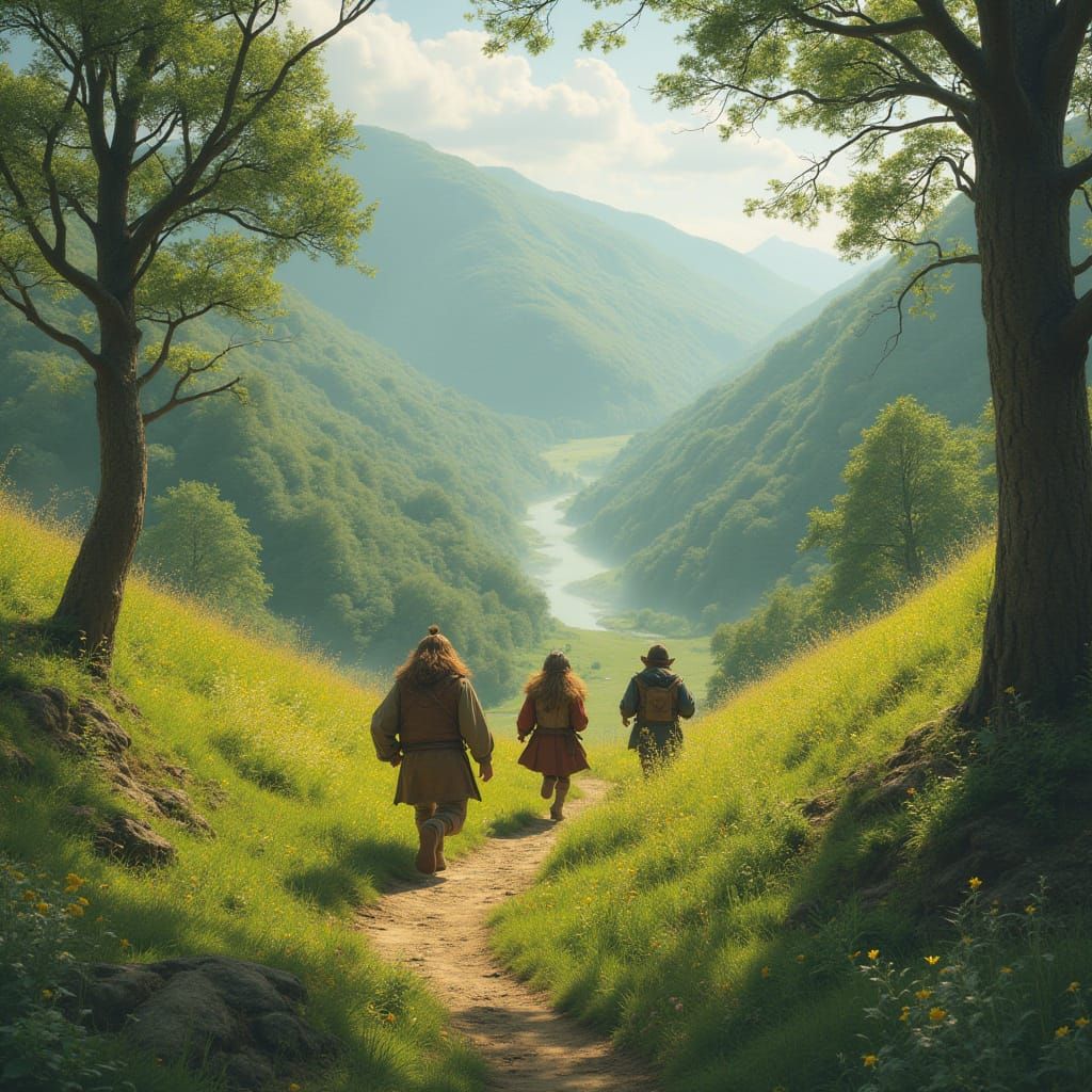 Hobbits Running Through Lush Valley in Dreamy Landscape