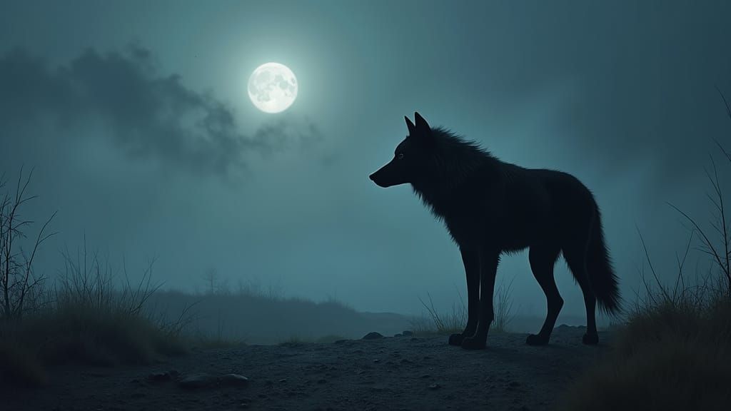 Wolf Raven Hybrid in a Haunting Moonlit Landscape