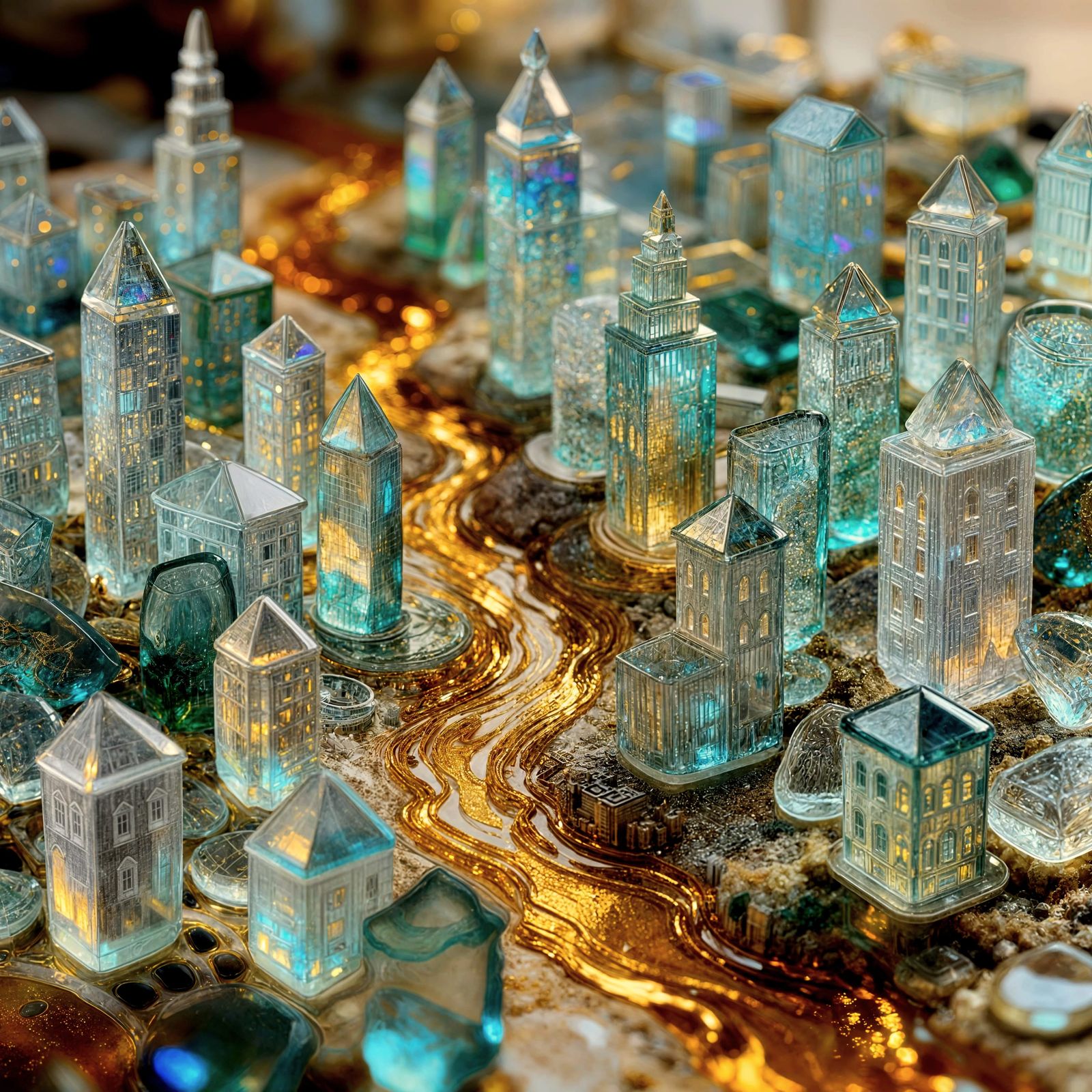 Sea Glass Cityscape With Molten Gold Rivers