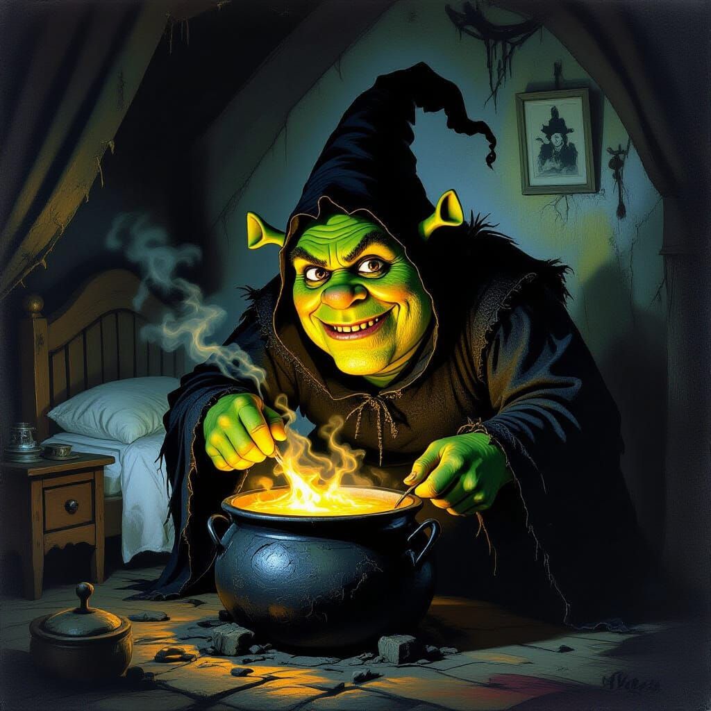 Grotesque Shrek Baba Yaga in Dark Bedroom