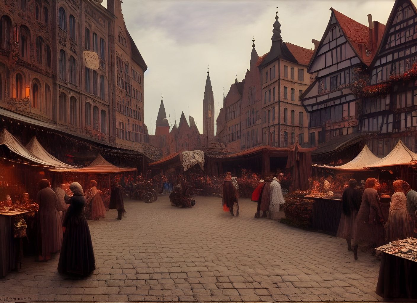 Medieval Market Square in Magic Realism Style