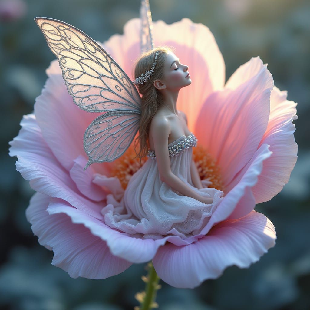 Ethereal Fairy Sits in a Velvety Flower