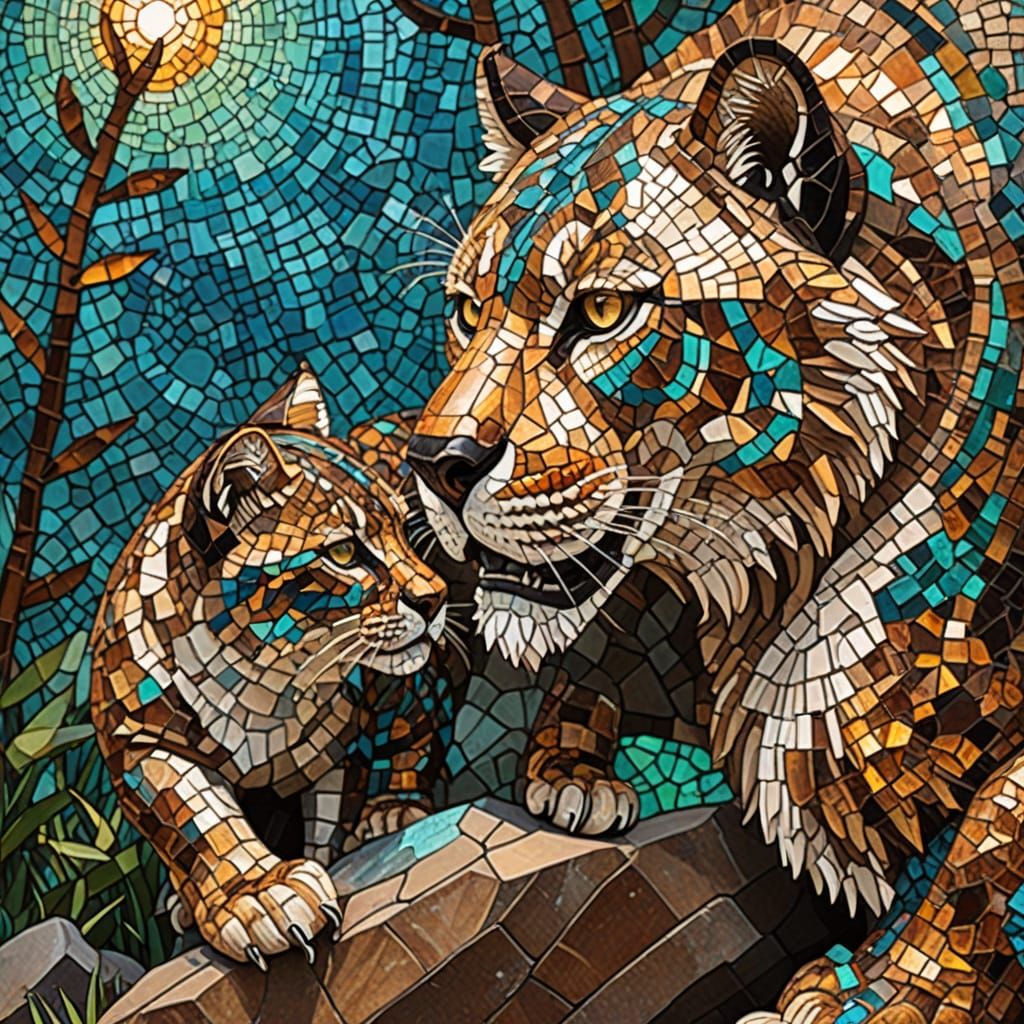 Saber-Toothed Cat Mosaic Art with Turquoise Beads