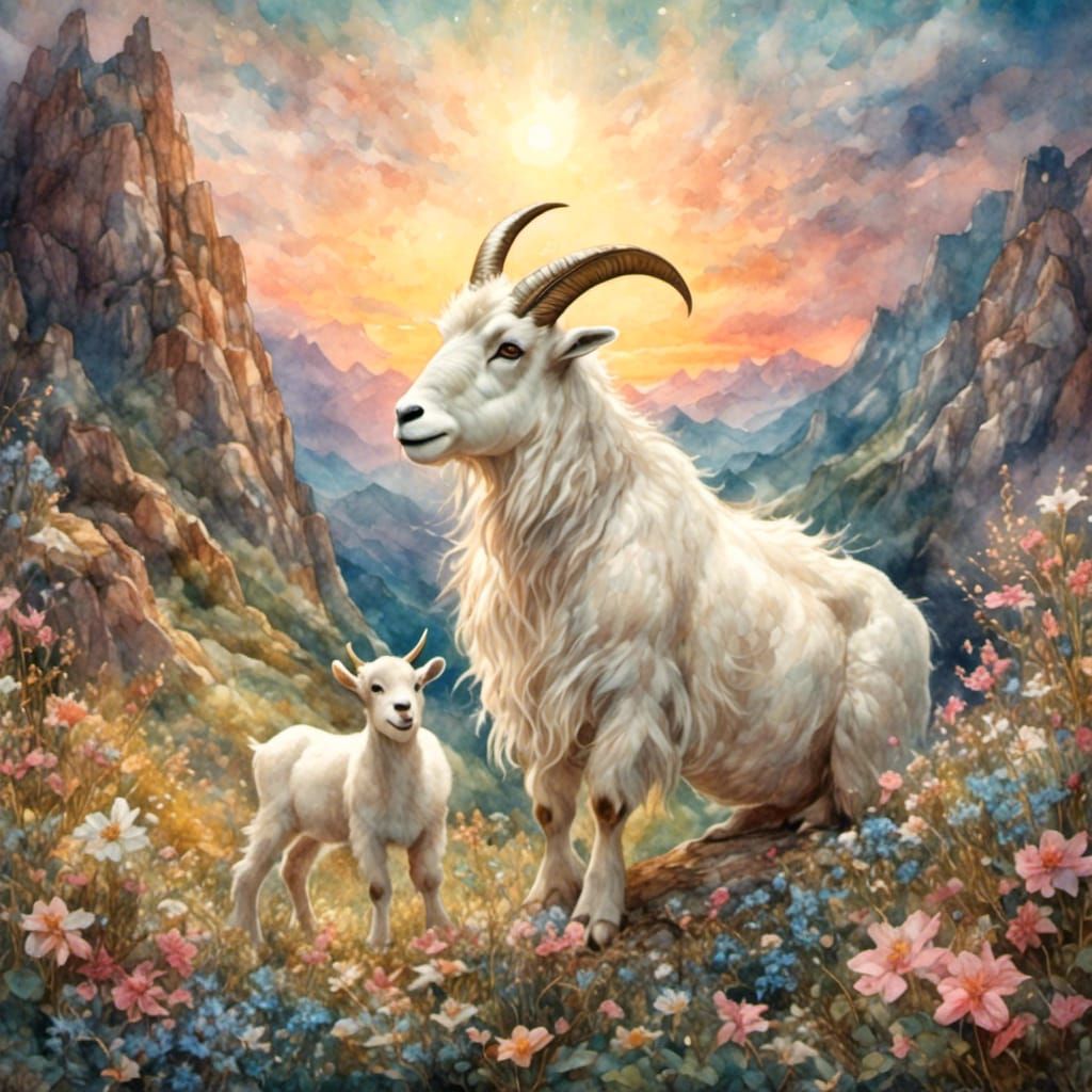 Majestic Mountain Goat in Antique Watercolor Style
