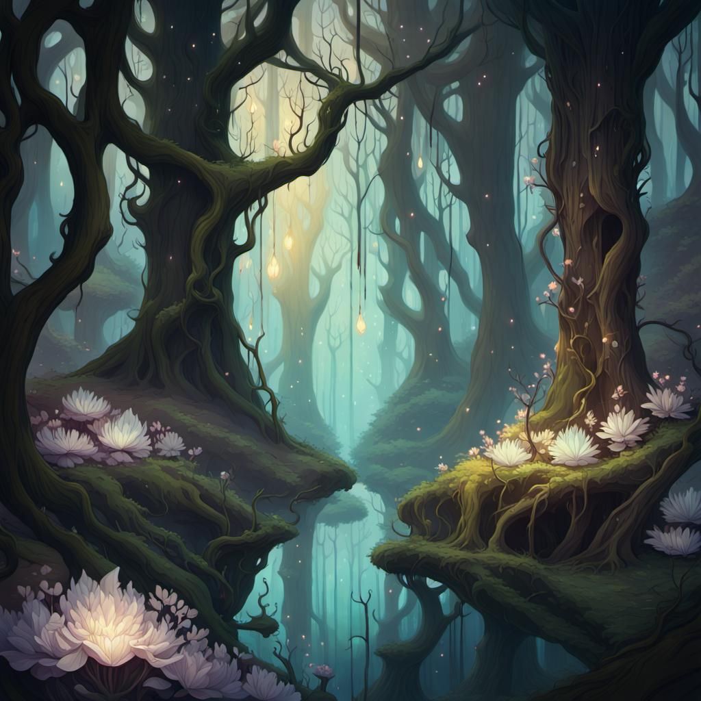 Mystical Forest with Bioluminescent Flora, Art Nouveau