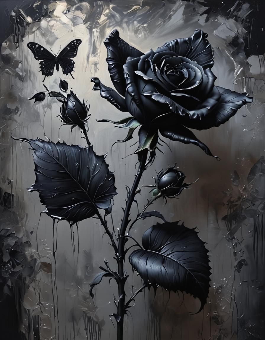 Black Rose with Butterfly Oil Painting