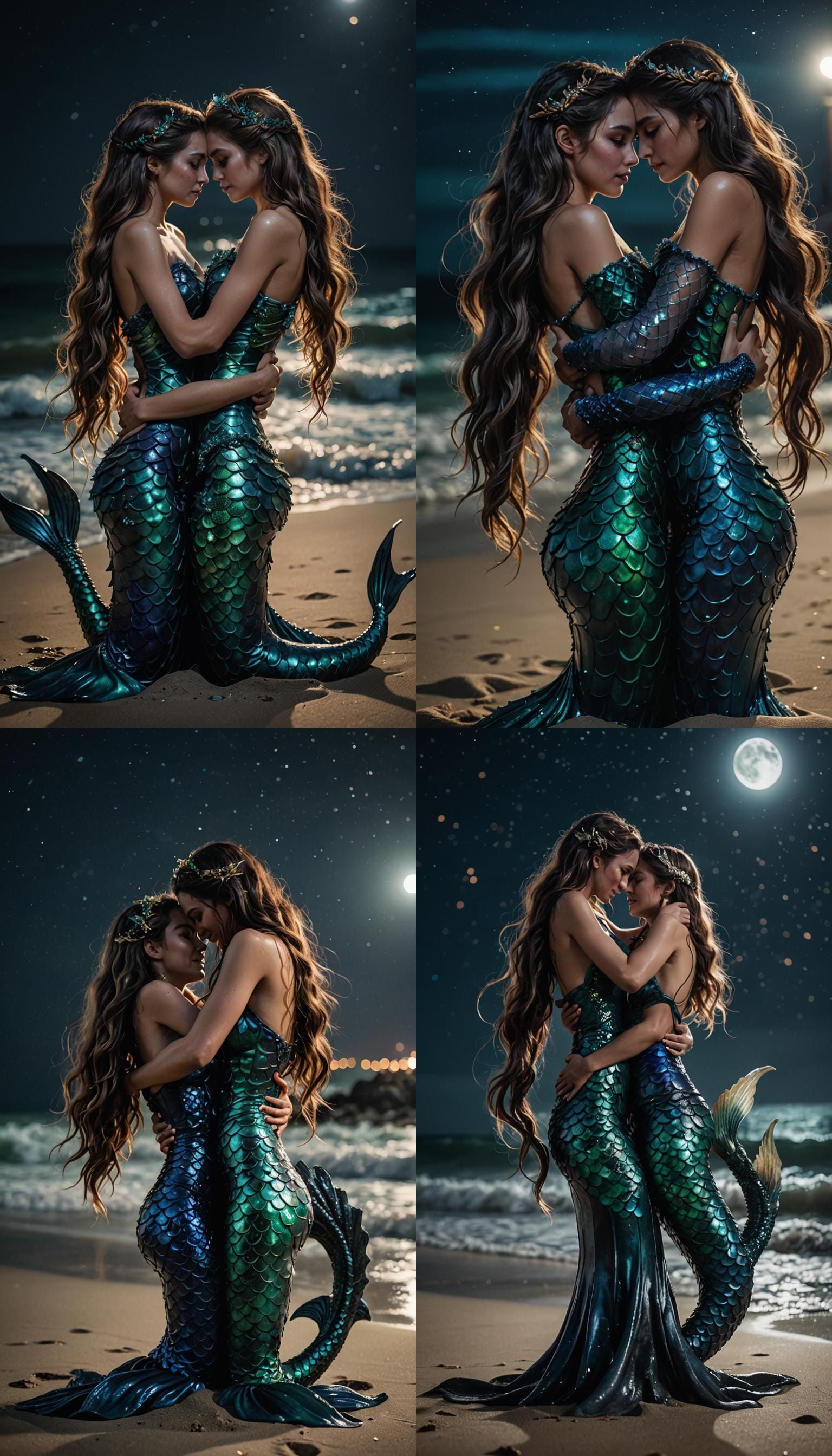2 beautiful mermaids hugging on the sand of the ocean shore ...