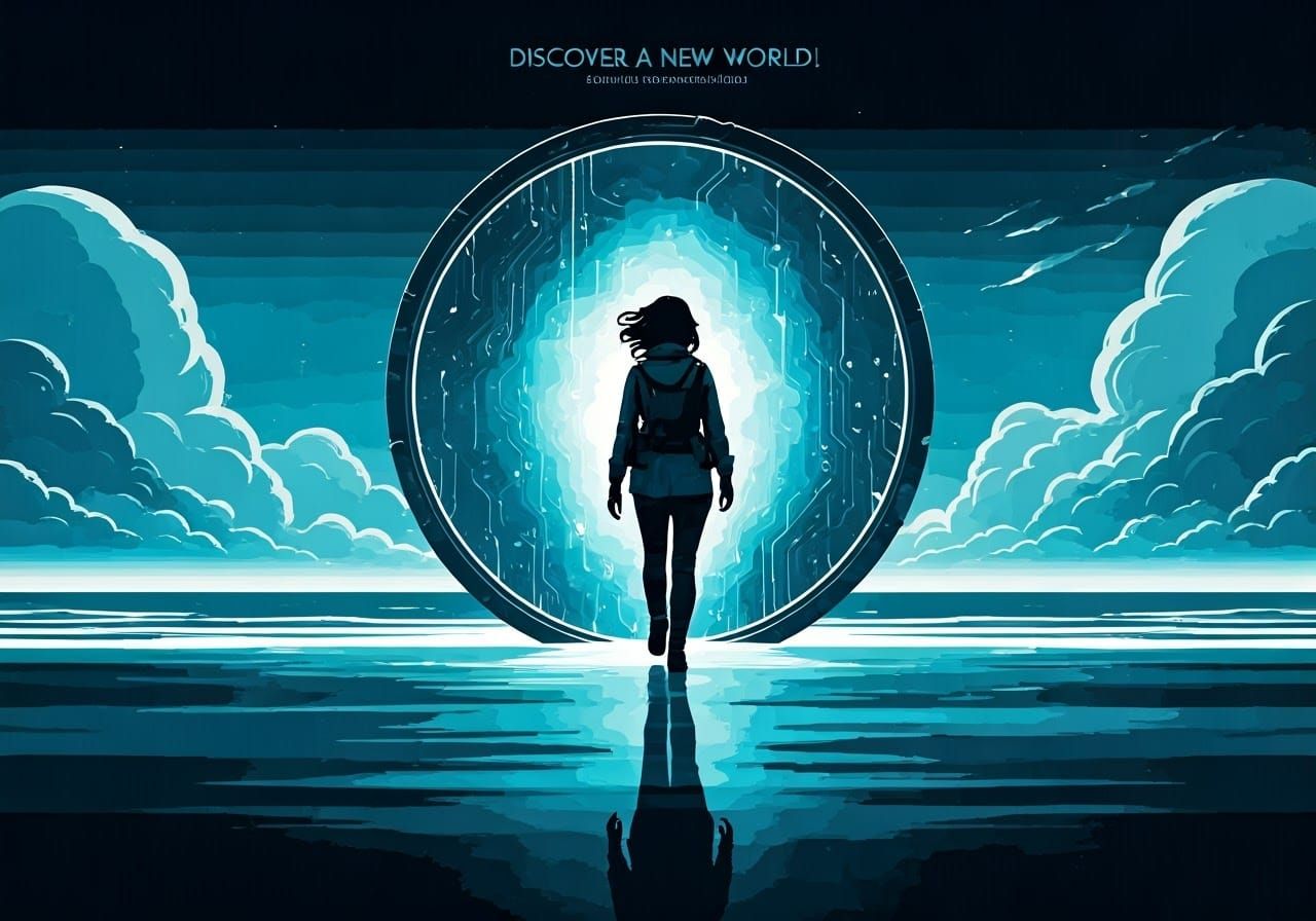 Adventurer Woman Steps Through Sci-Fi Portal