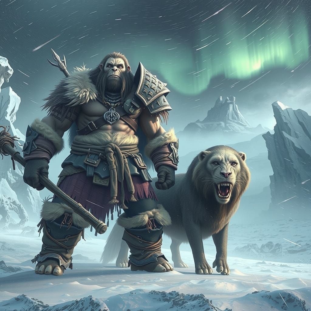 Primitive Hominid in Leather Armor on Frozen Tundra