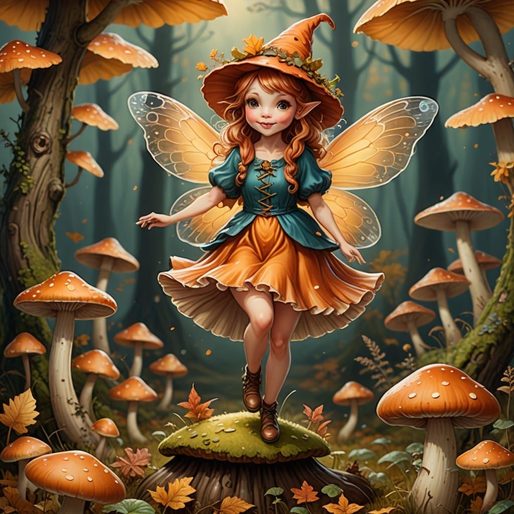 Cute Autumn Fairy Dancing on Mushroom