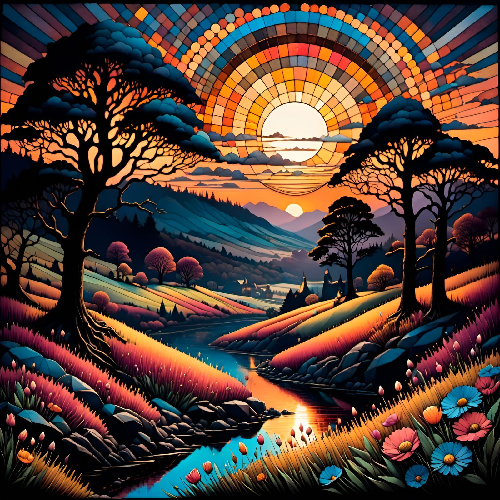 Ink Art Sunset Landscape with Smooth Color Gradients