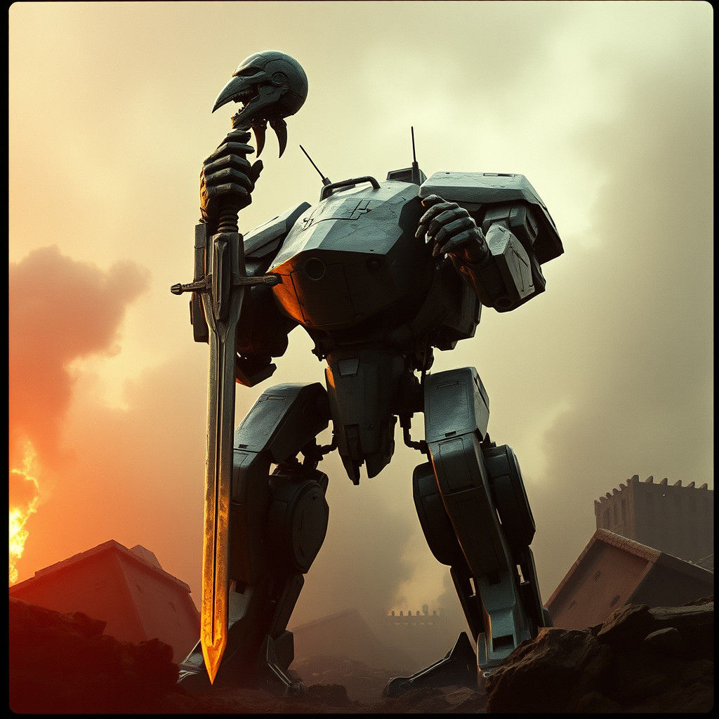 Colossal Battle Mech Triumph in War-Torn Ruins