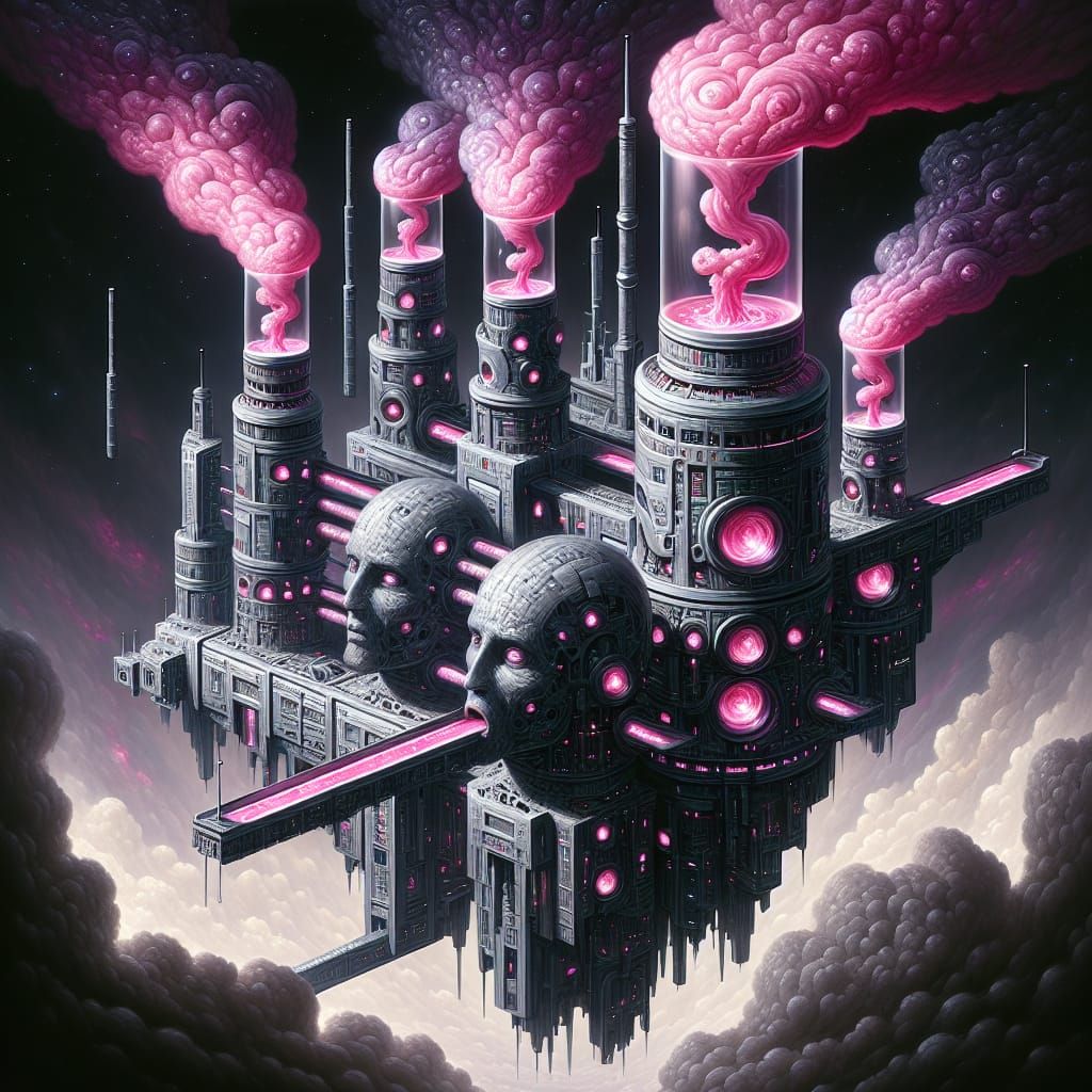 Surreal Flying Factory Fortress in Dark Fantasy Style