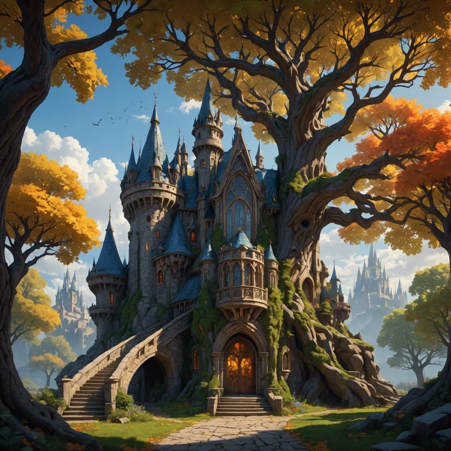 Fairy Tale Castle in Yggdrasil Tree, Dark Fantasy Art