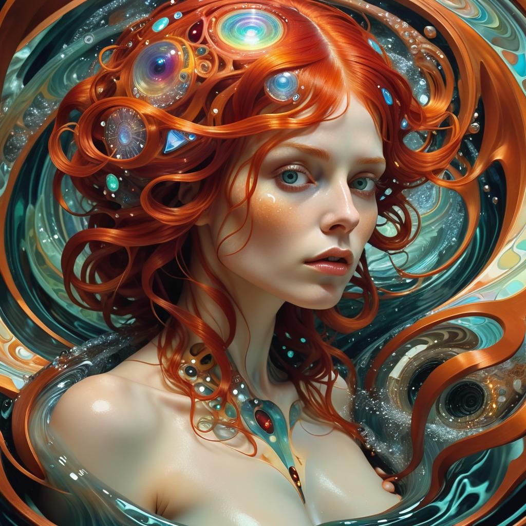 Mystical Redhead in Geometric Whirlpool: Art Nouveau and Bio...