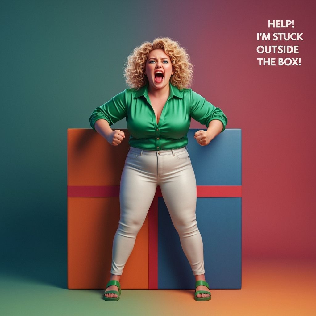 Woman Pounding Colorful Box in Hyperrealistic Style