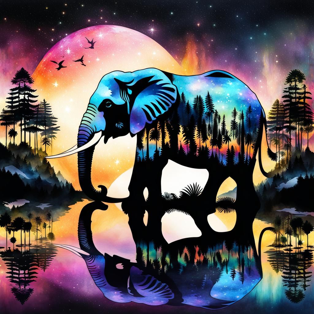 Elephant Silhouette in Hallowed Jungle, Watercolor Art