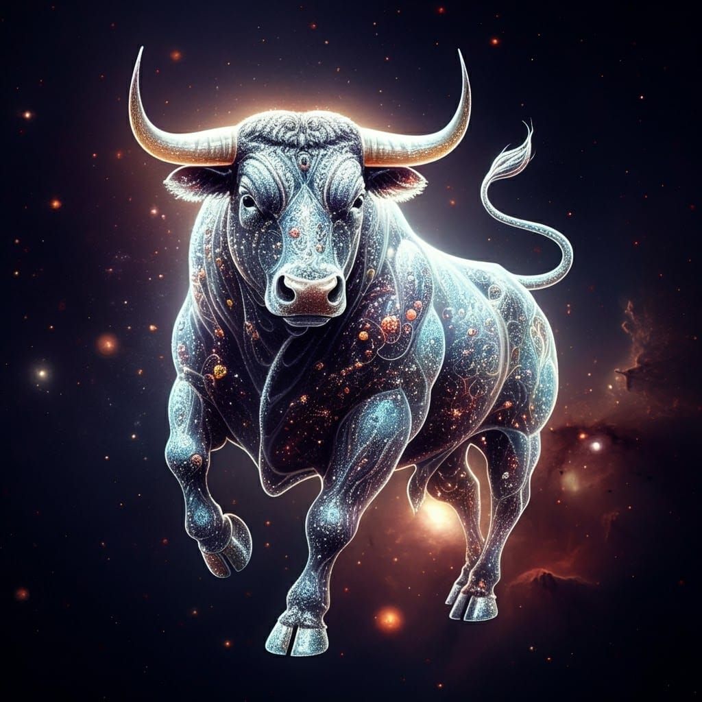 Ethereal Bull Charging Through Nebula in Dreamlike Scene