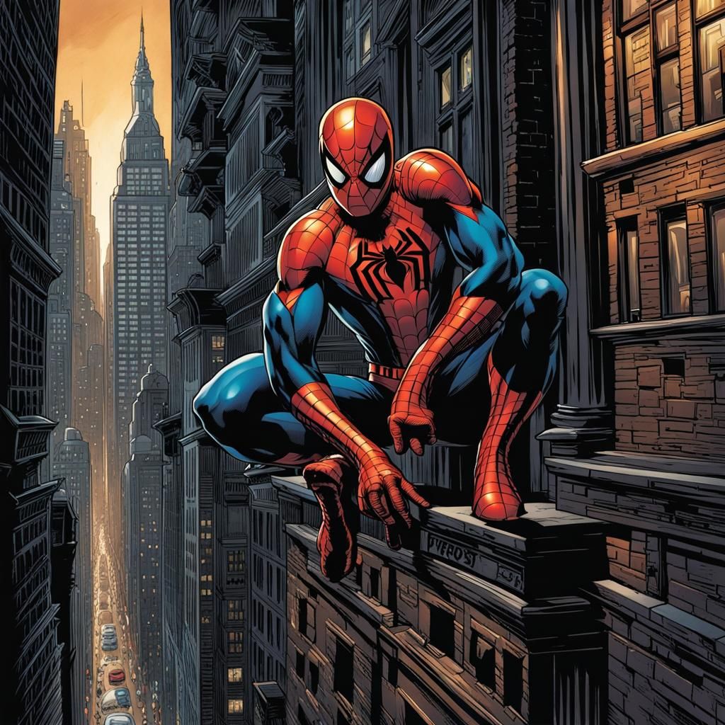 Spider-Man in Black Suit Climbing Building: Comic Book Art
