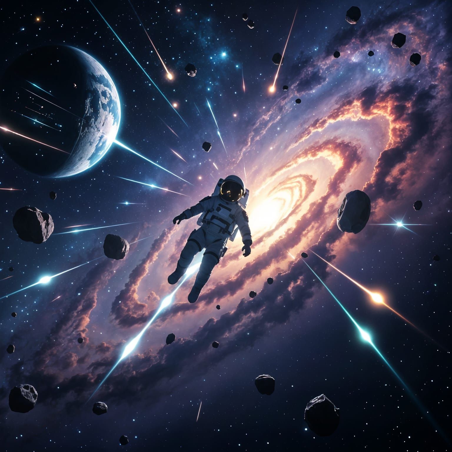 Astronaut Spacewalking in a Lightning-Filled Galaxy