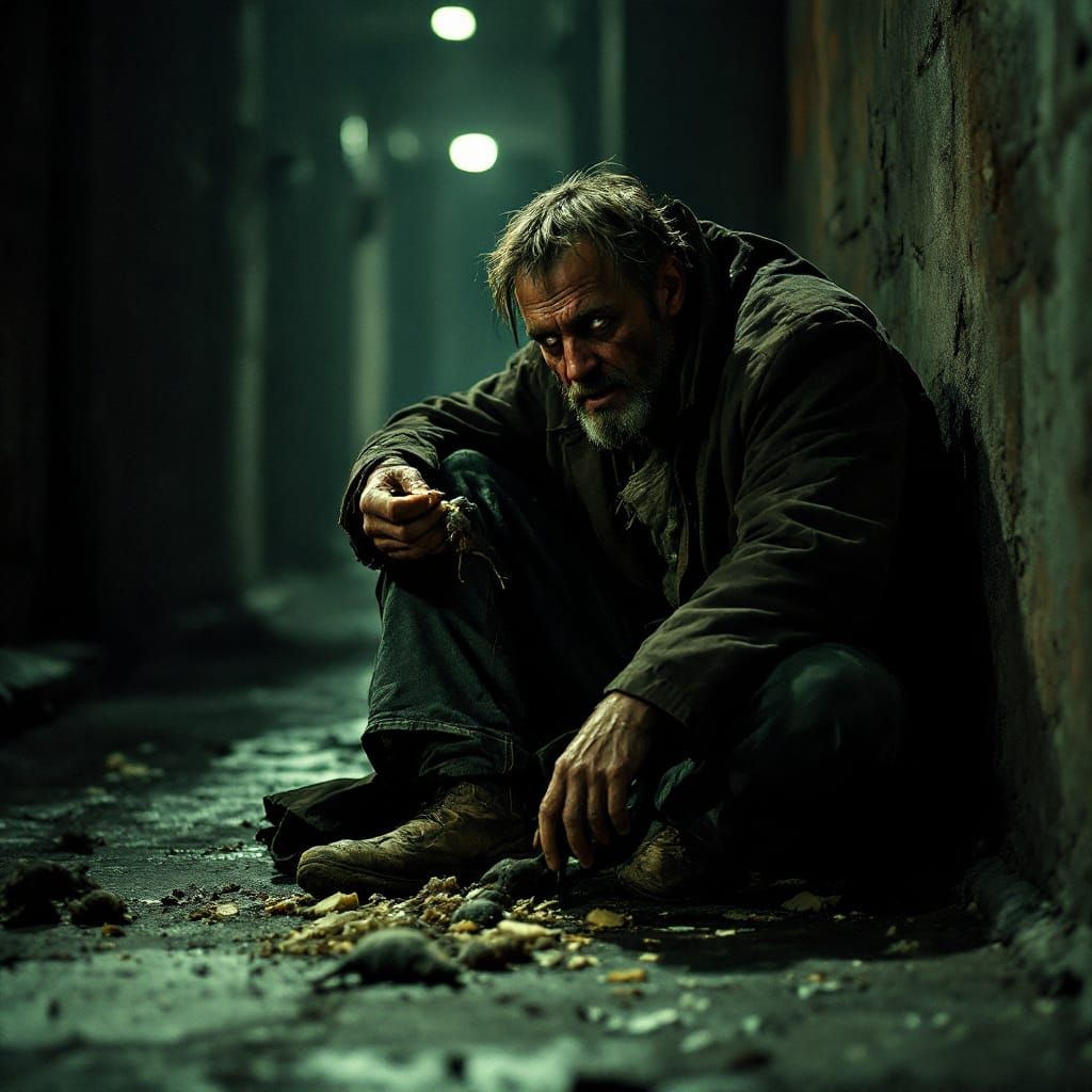 Desperate Homeless Man Eating Rat: Cinematic Still