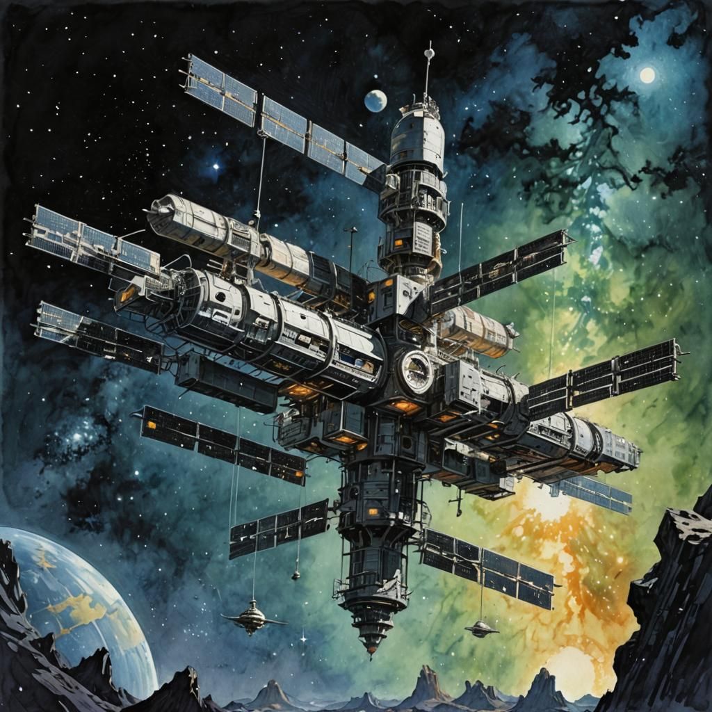 Watercolor Space Station with Occult Technology