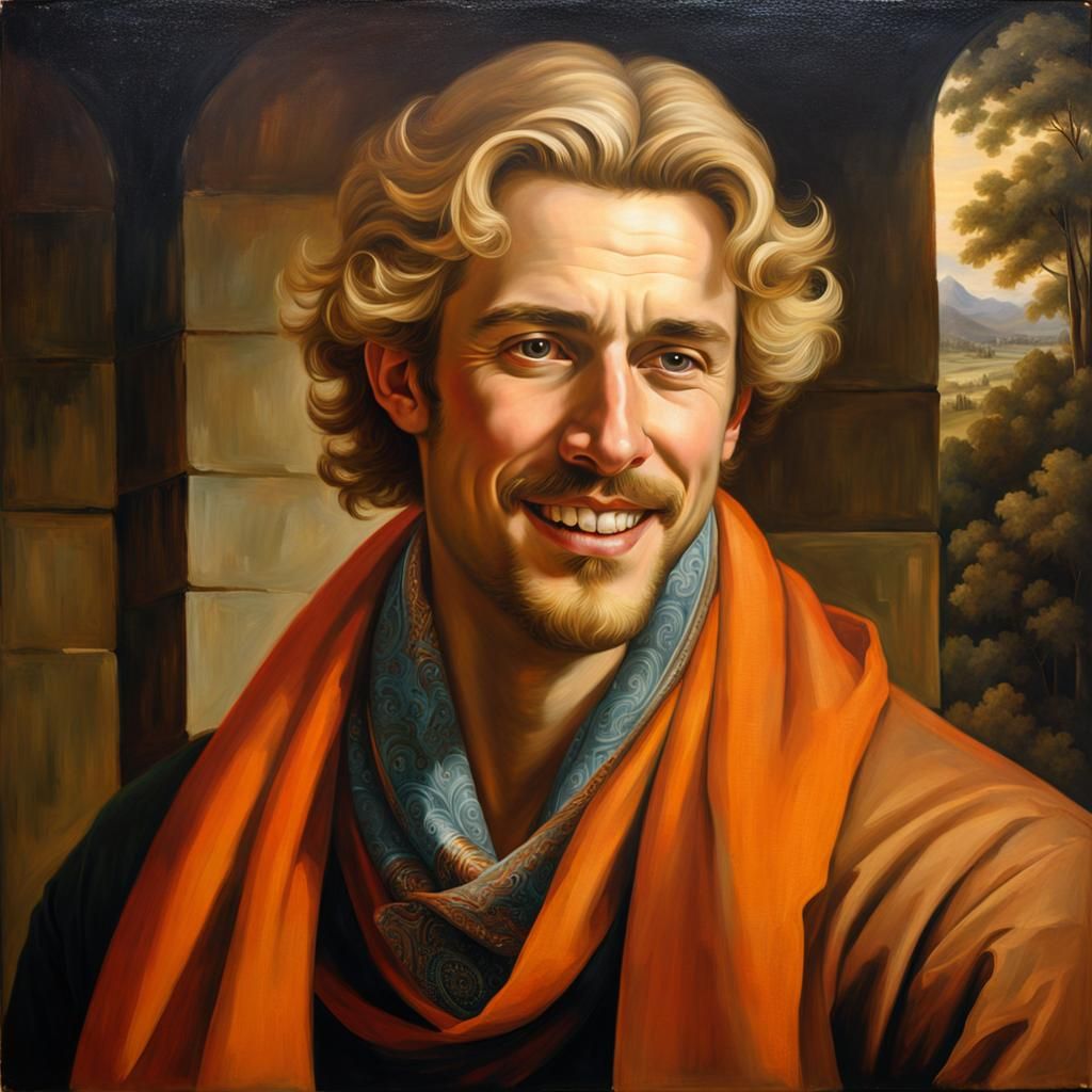 Smiling Blond Man in Orange: A Portrait Masterpiece