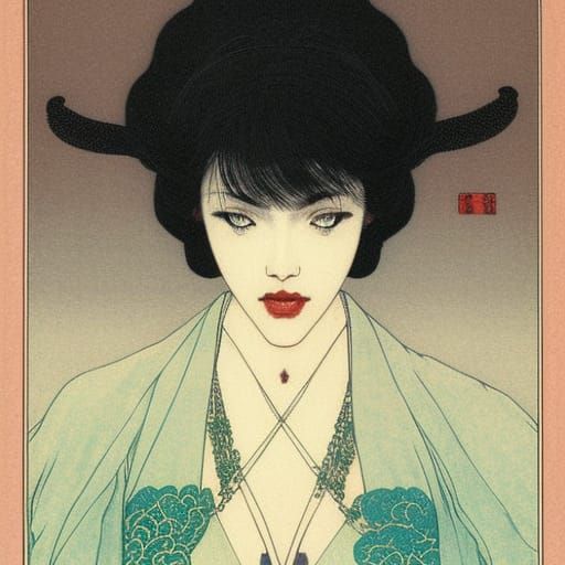 Bearded Lady in Pre-Raphaelite Ukiyo-e Style