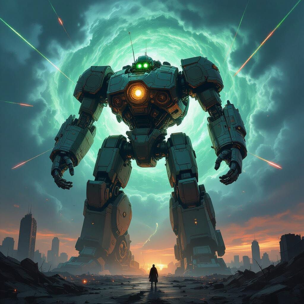 Colossal Steampunk Robot Attacks War-Torn City